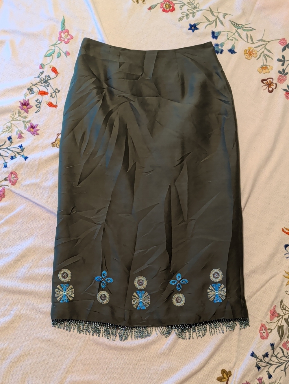 Clio Vintage 90s Olive Green Embellished Midi Skirt